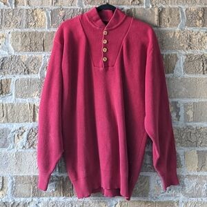 VTG 80s Eddie Bauer Red 100% Cotton Henley Sweater Size Large TALL